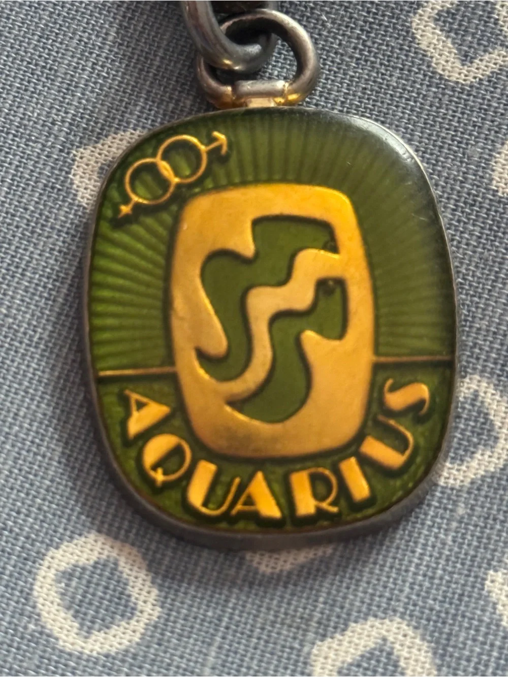Vintage 70’s Aquarius Zodiac Enamel Keychain Green & Gold Astrological Key Ring